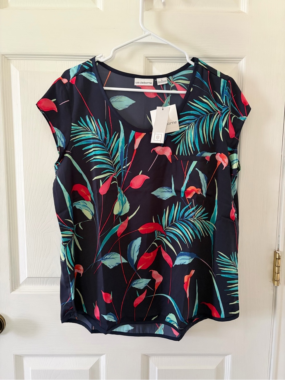 Liz Claiborne Navy Floral-Leaf Cap-Sleeve Blouse